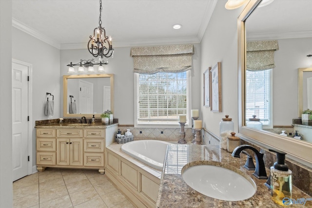 bathroom with tile patterned flooring, vanity, and crown molding