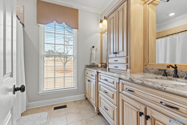 bathroom with crown molding, vanity, curtained shower, and tile patterned flooring