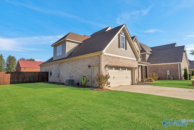 view of home's exterior featuring a garage, central air condition unit, and a lawn