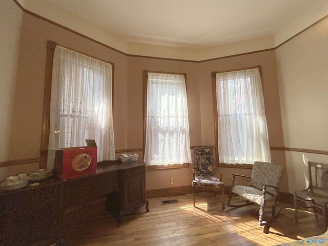 living area with light hardwood / wood-style floors and a healthy amount of sunlight