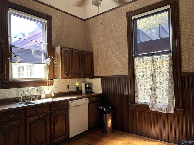 kitchen with sink, dark brown cabinetry, light hardwood / wood-style flooring, dishwasher, and ceiling fan