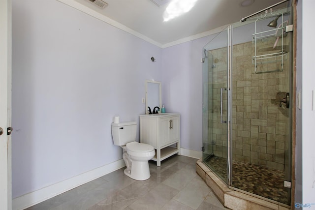 full bath with toilet, a shower stall, crown molding, baseboards, and vanity