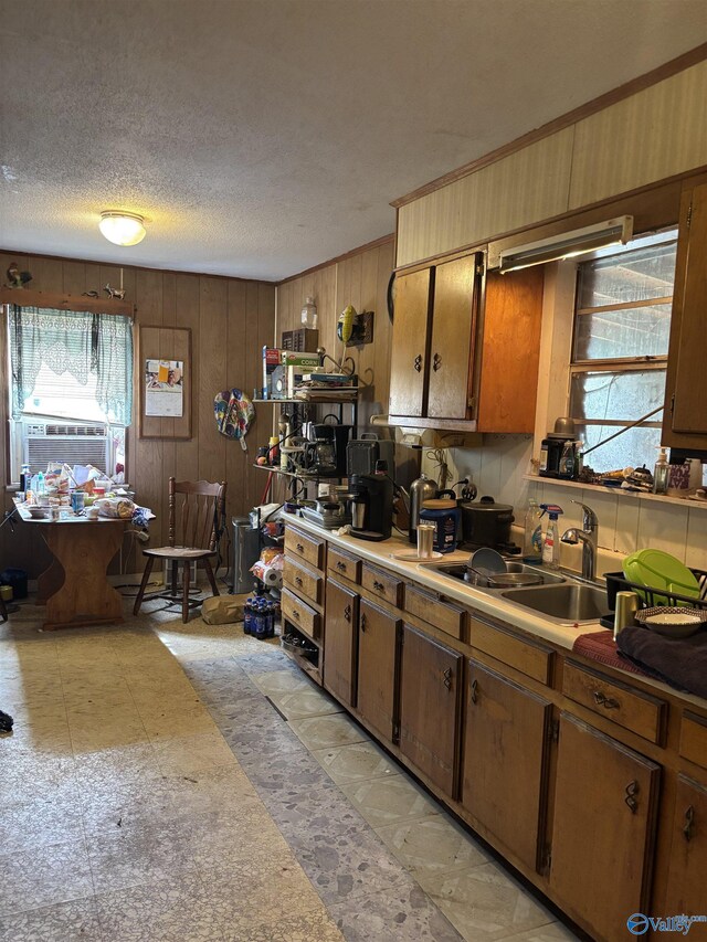 135 Willoughby Dr, New Hope, AL 35760 - kitchen featuring a sink, light floors, wooden walls, light countertops, and a textured ceiling