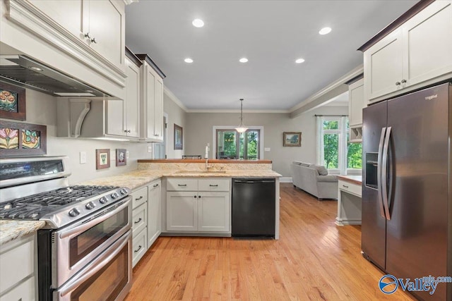 kitchen with custom exhaust hood, a peninsula, crown molding, stainless steel appliances, and a sink