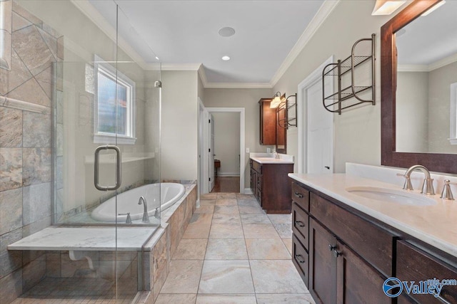full bathroom featuring a shower stall, a sink, and ornamental molding
