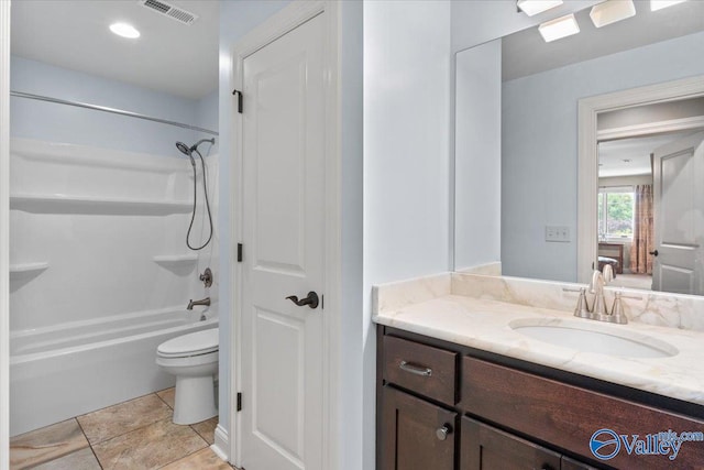 full bathroom with bathing tub / shower combination, vanity, visible vents, and toilet