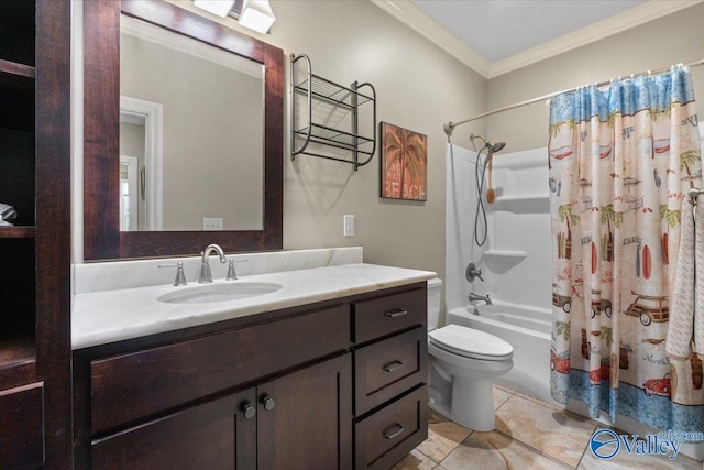 bathroom with shower / bath combination with curtain, ornamental molding, toilet, vanity, and tile patterned flooring