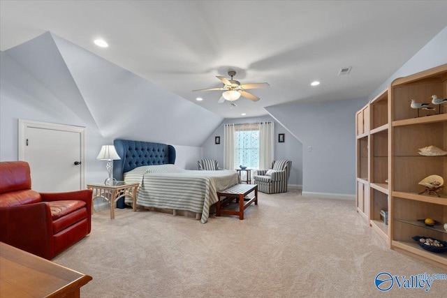 carpeted bedroom featuring baseboards, recessed lighting, a ceiling fan, visible vents, and lofted ceiling