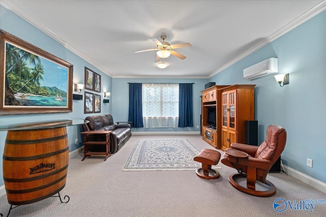 living area with baseboards, ornamental molding, a wall mounted air conditioner, a ceiling fan, and carpet floors
