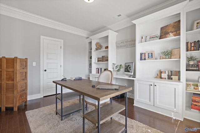 office featuring crown molding and dark hardwood / wood-style flooring