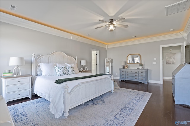 bedroom featuring crown molding, ceiling fan, and dark hardwood / wood-style flooring