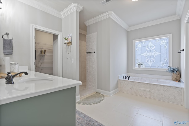 bathroom featuring crown molding, separate shower and tub, tile patterned floors, and vanity