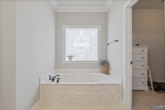 bathroom featuring crown molding and a bathtub