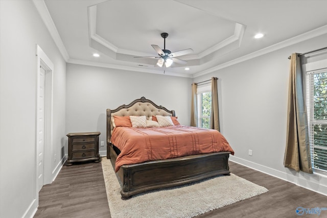 bedroom featuring dark wood-type flooring, a tray ceiling, multiple windows, and baseboards