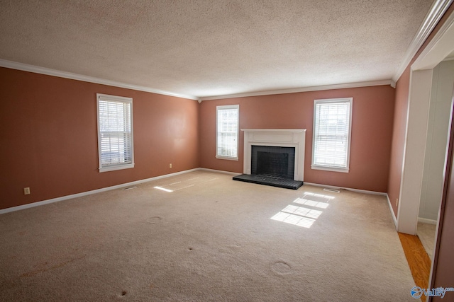 unfurnished living room featuring crown molding, light carpet, and a textured ceiling