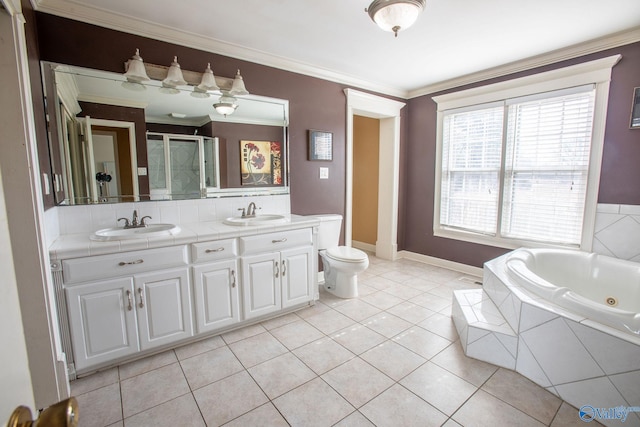 full bathroom featuring tile patterned floors, toilet, crown molding, shower with separate bathtub, and vanity