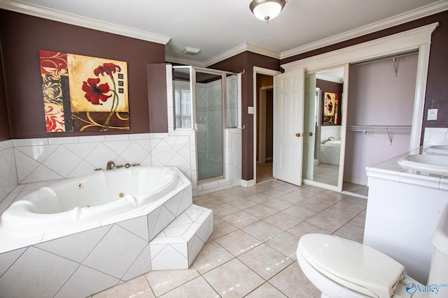 full bathroom featuring crown molding, tile patterned flooring, vanity, independent shower and bath, and toilet