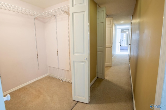 walk in closet featuring light carpet