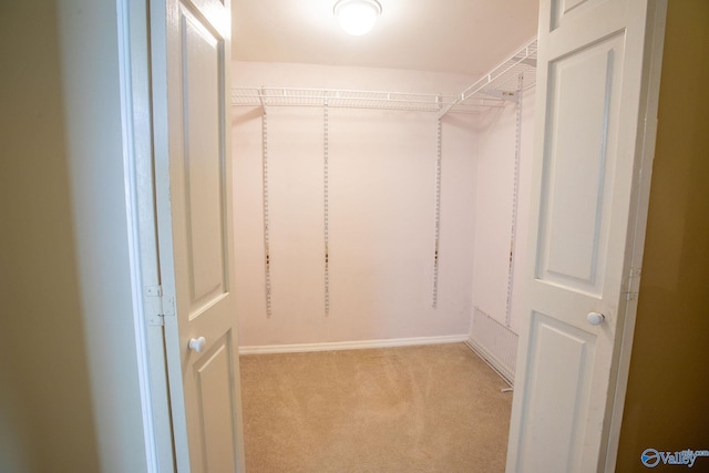 walk in closet with light carpet