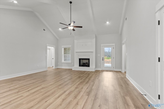 unfurnished living room featuring ceiling fan, a fireplace, high vaulted ceiling, and light hardwood / wood-style flooring