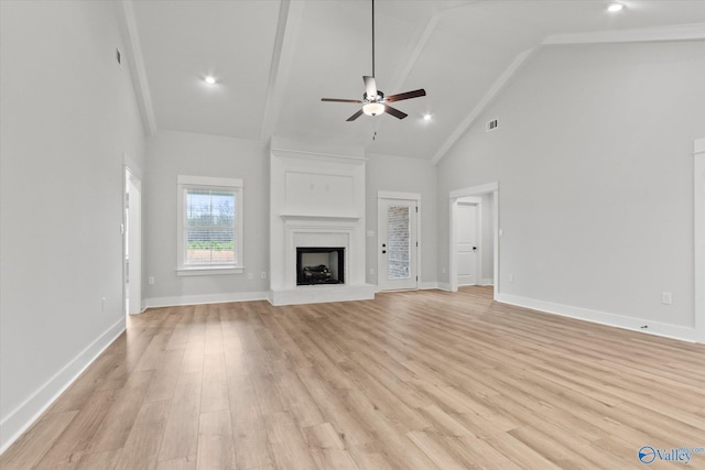 unfurnished living room featuring ceiling fan, high vaulted ceiling, and light wood-type flooring