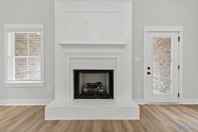 room details featuring a fireplace and hardwood / wood-style flooring