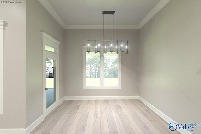 unfurnished dining area featuring ornamental molding, a chandelier, and light hardwood / wood-style flooring