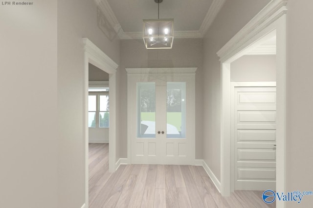 interior space with light wood-type flooring and crown molding