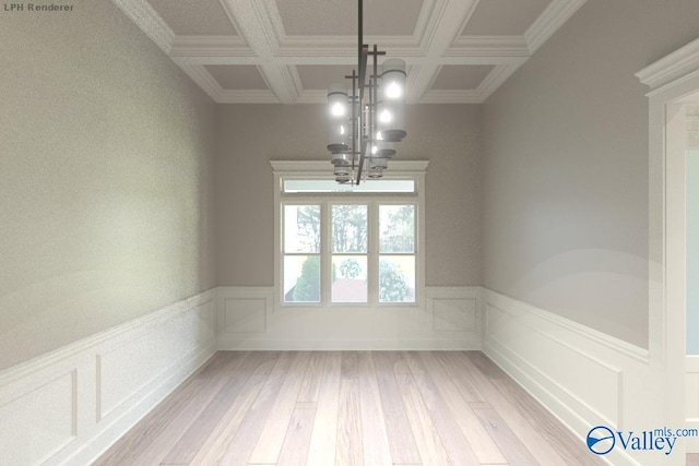 unfurnished room with an inviting chandelier, light hardwood / wood-style floors, coffered ceiling, ornamental molding, and beam ceiling