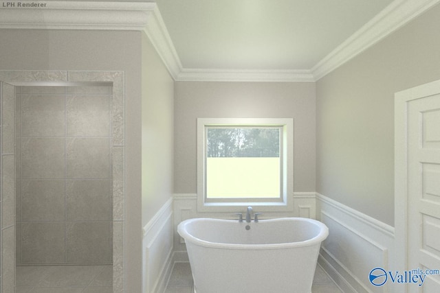 bathroom with ornamental molding, tile patterned floors, and a washtub