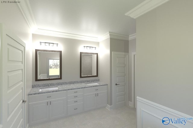 bathroom featuring vanity, ornamental molding, and tile patterned flooring