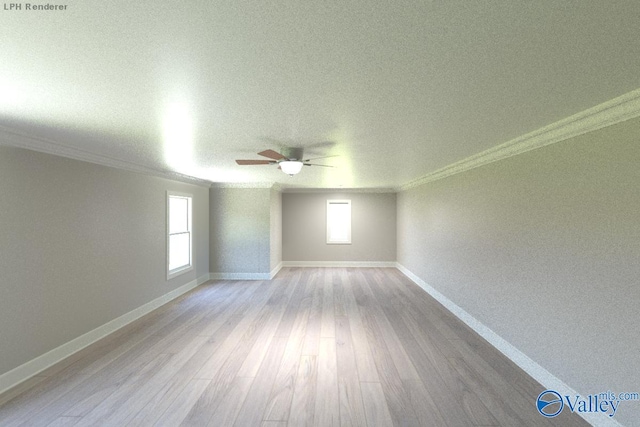 empty room with a textured ceiling, ceiling fan, crown molding, and light hardwood / wood-style floors