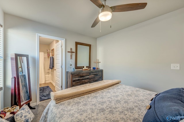 bedroom featuring a ceiling fan, carpet, and ensuite bathroom