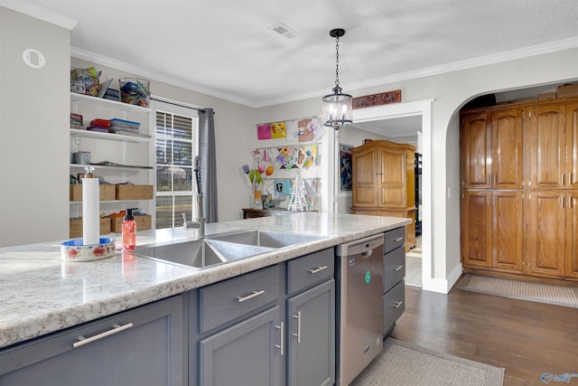 kitchen with stainless steel dishwasher, gray cabinets, ornamental molding, and dark wood-type flooring