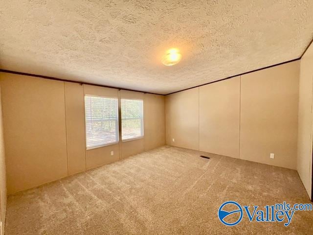 carpeted empty room with a textured ceiling