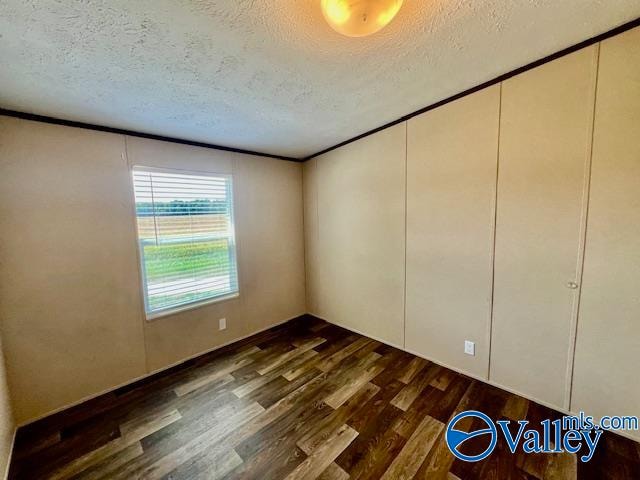 empty room featuring a textured ceiling and dark hardwood / wood-style floors