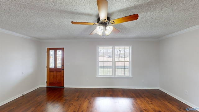 foyer featuring ceiling fan, ornamental molding, dark hardwood / wood-style floors, and a textured ceiling