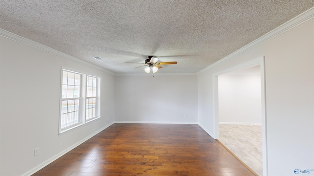 unfurnished room with crown molding, ceiling fan, dark hardwood / wood-style flooring, and a textured ceiling