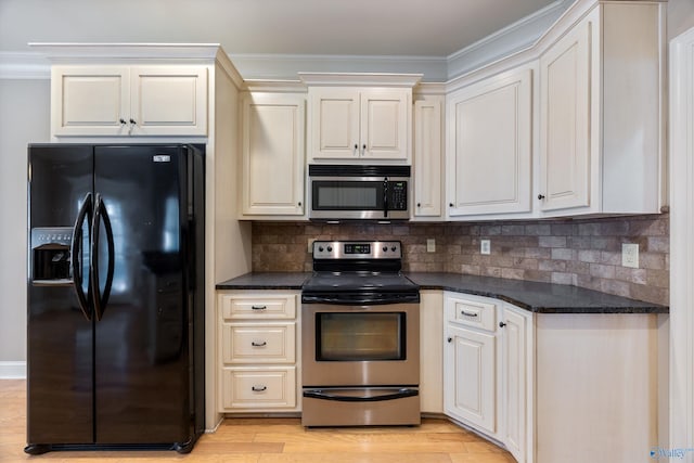 22222 Merlot Dr, Athens, AL 35613 - kitchen featuring dark countertops, ornamental molding, decorative backsplash, light wood-style flooring, and appliances with stainless steel finishes