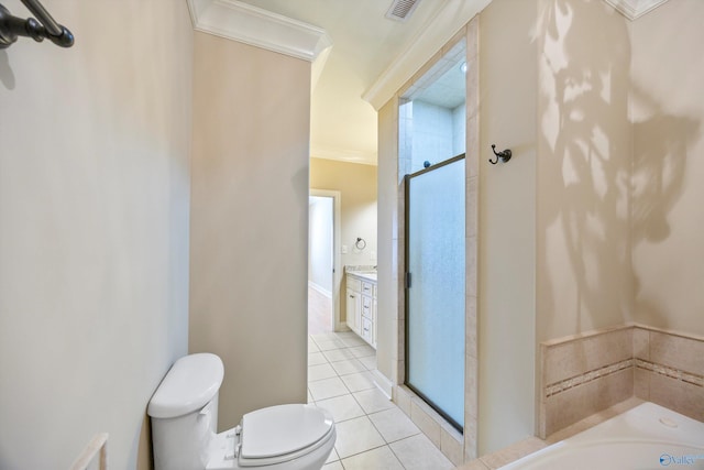 22222 Merlot Dr, Athens, AL 35613 - bathroom with tile patterned floors, visible vents, a shower stall, crown molding, and vanity