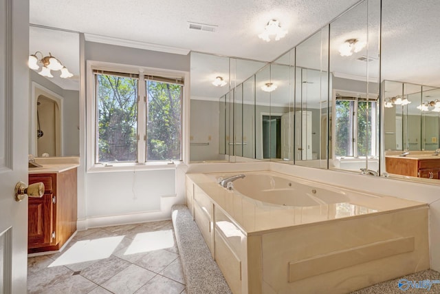 bathroom with visible vents, a textured ceiling, vanity, and ornamental molding