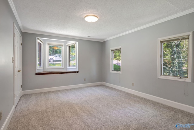 spare room featuring light colored carpet, baseboards, and ornamental molding