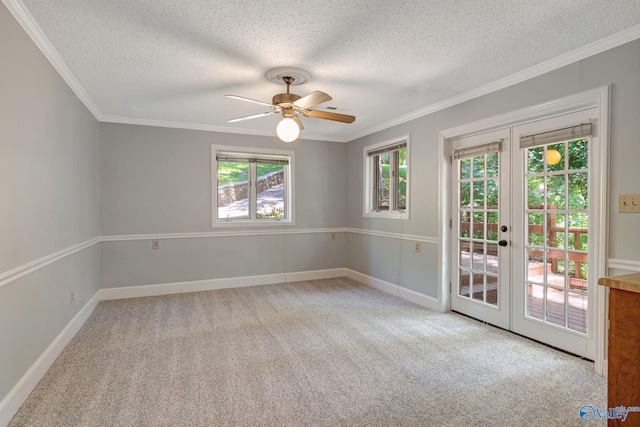 spare room featuring carpet, french doors, and ornamental molding