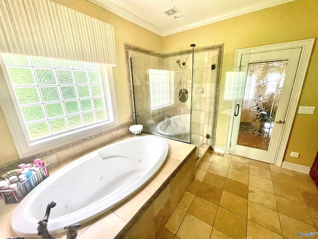 bathroom featuring plus walk in shower, crown molding, and tile patterned flooring