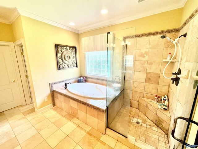 bathroom featuring plus walk in shower, tile patterned flooring, and ornamental molding