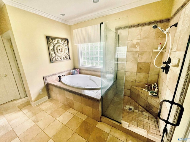 bathroom featuring tile patterned flooring, crown molding, and separate shower and tub