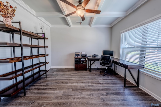 207 Jubilee Cir SE, Huntsville, AL 35803 - home office with coffered ceiling, plenty of natural light, ceiling fan, dark wood-type flooring, and beam ceiling