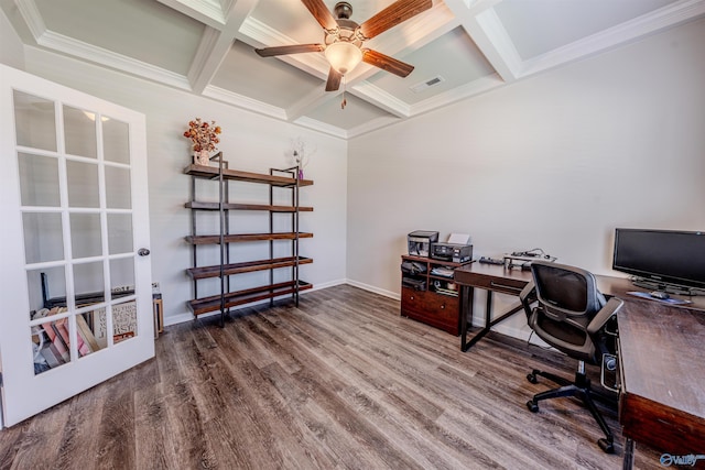 207 Jubilee Cir SE, Huntsville, AL 35803 - office area with coffered ceiling, a ceiling fan, wood finished floors, beam ceiling, and crown molding