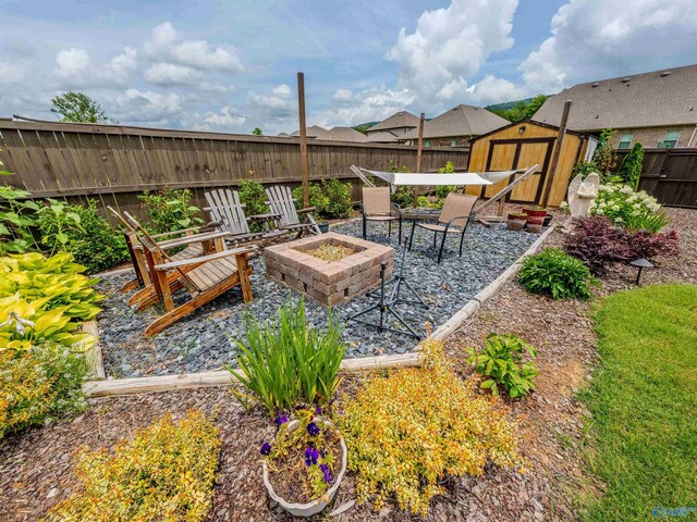 207 Jubilee Cir SE, Huntsville, AL 35803 - fenced backyard with a shed, a fire pit, and a patio