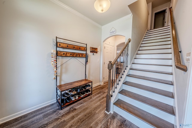 207 Jubilee Cir SE, Huntsville, AL 35803 - staircase with arched walkways, ornamental molding, and wood finished floors